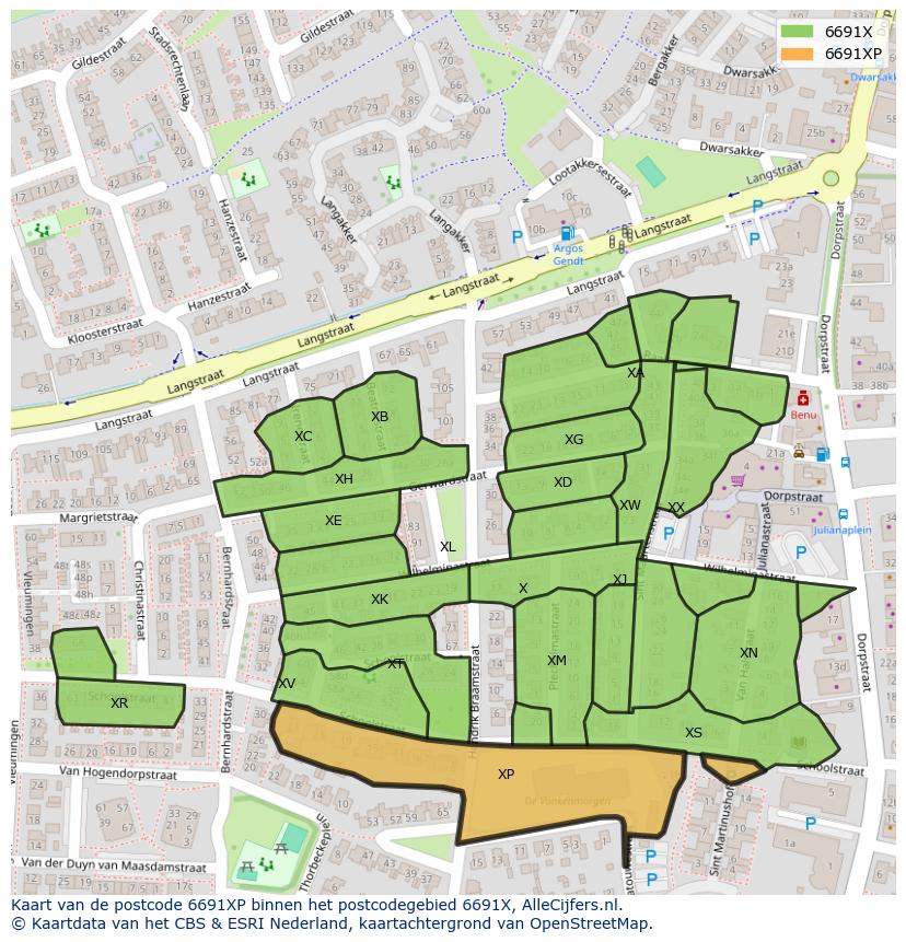 Afbeelding van het postcodegebied 6691 XP op de kaart.