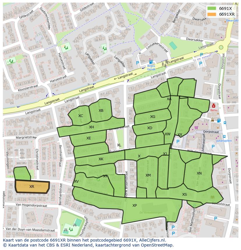 Afbeelding van het postcodegebied 6691 XR op de kaart.