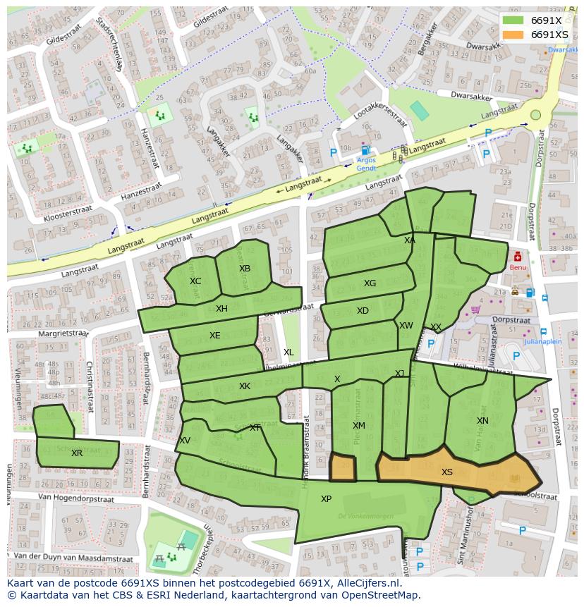 Afbeelding van het postcodegebied 6691 XS op de kaart.