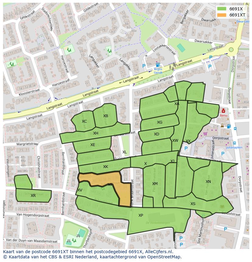 Afbeelding van het postcodegebied 6691 XT op de kaart.