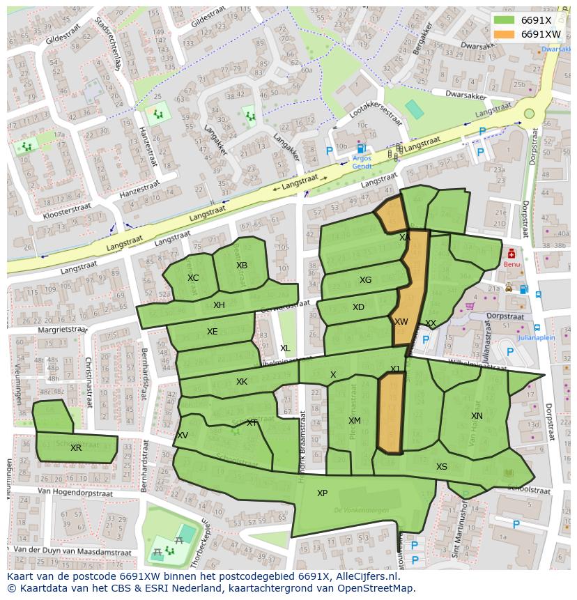 Afbeelding van het postcodegebied 6691 XW op de kaart.