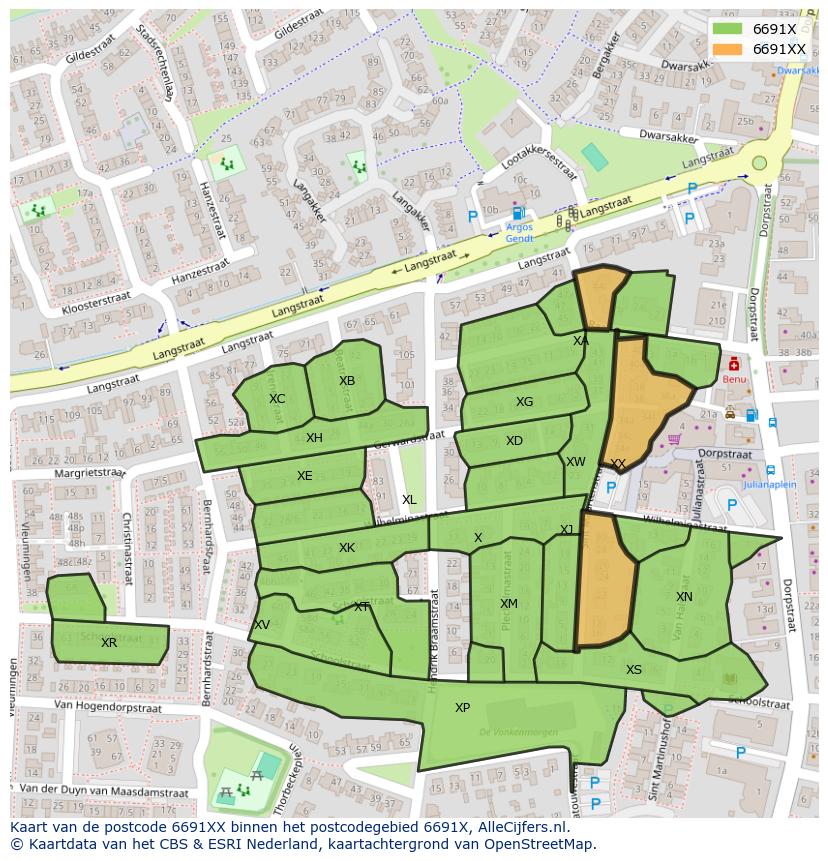 Afbeelding van het postcodegebied 6691 XX op de kaart.