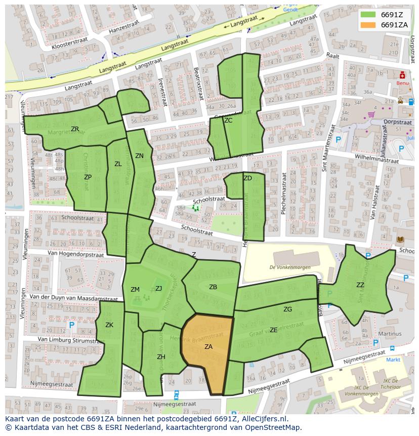 Afbeelding van het postcodegebied 6691 ZA op de kaart.
