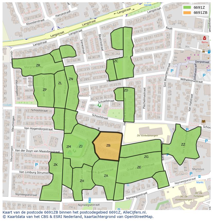 Afbeelding van het postcodegebied 6691 ZB op de kaart.