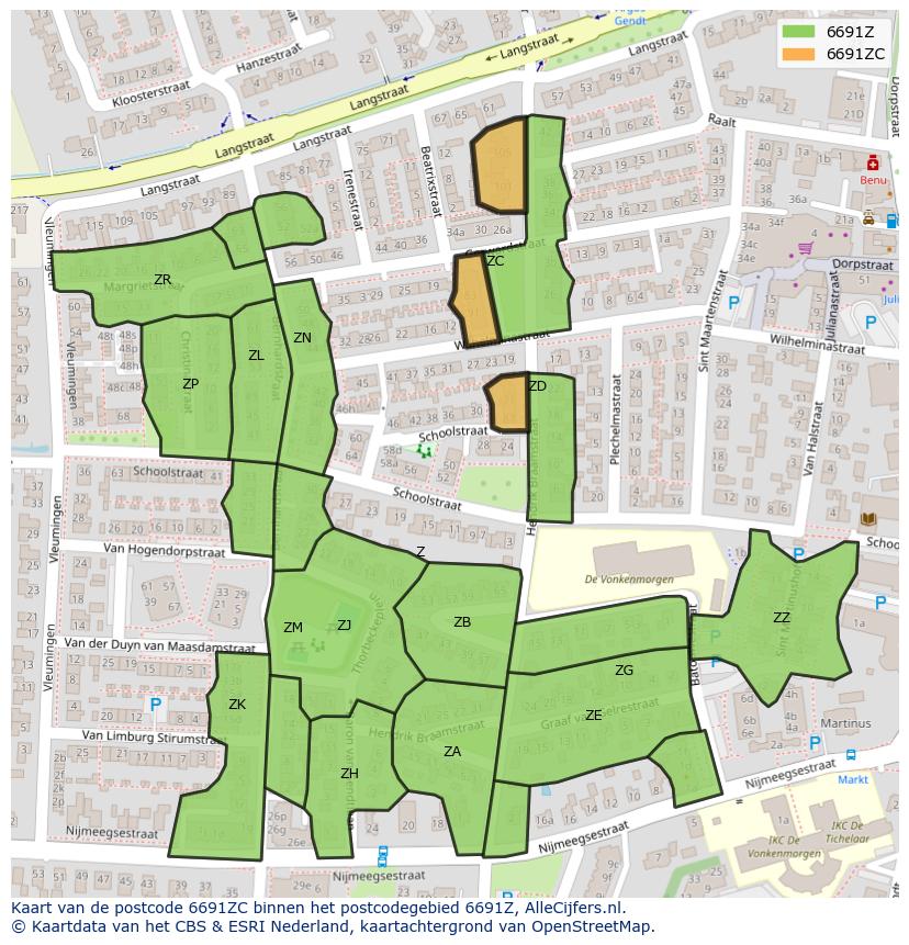Afbeelding van het postcodegebied 6691 ZC op de kaart.