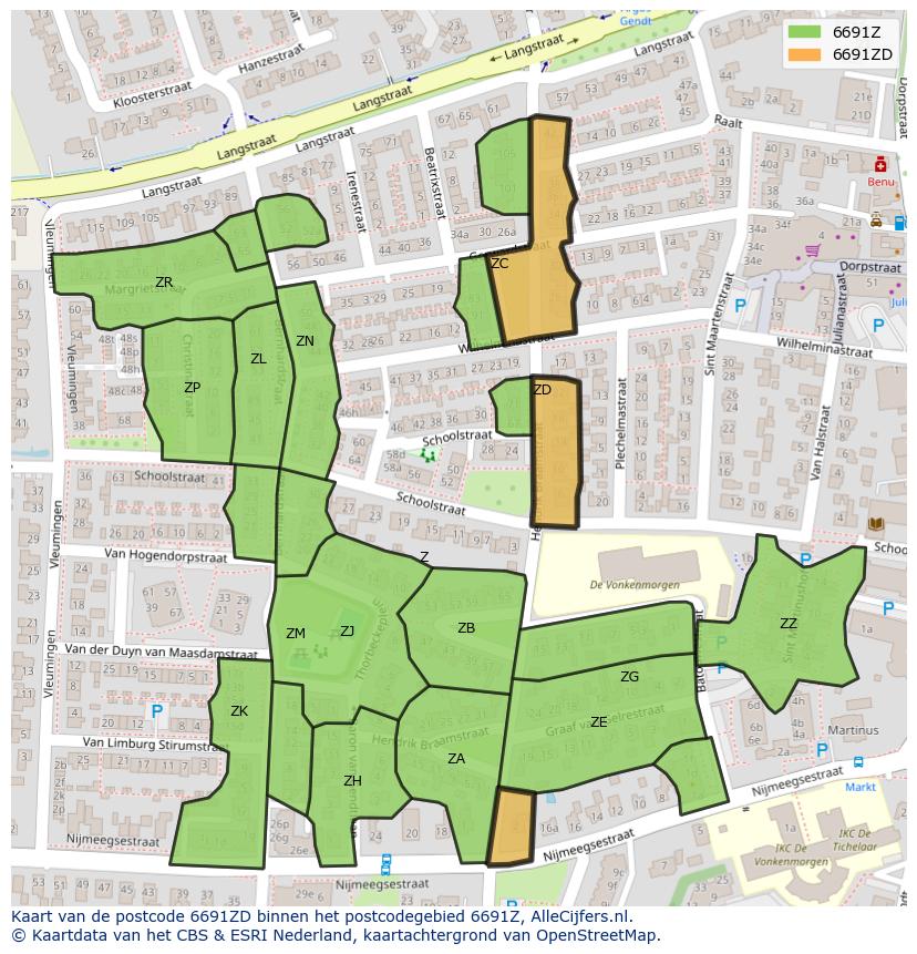 Afbeelding van het postcodegebied 6691 ZD op de kaart.