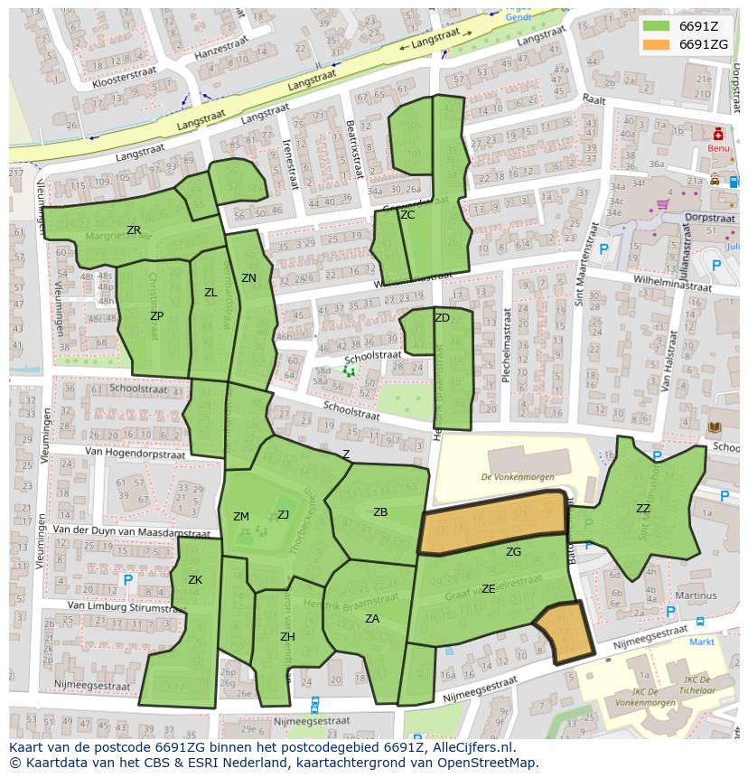 Afbeelding van het postcodegebied 6691 ZG op de kaart.