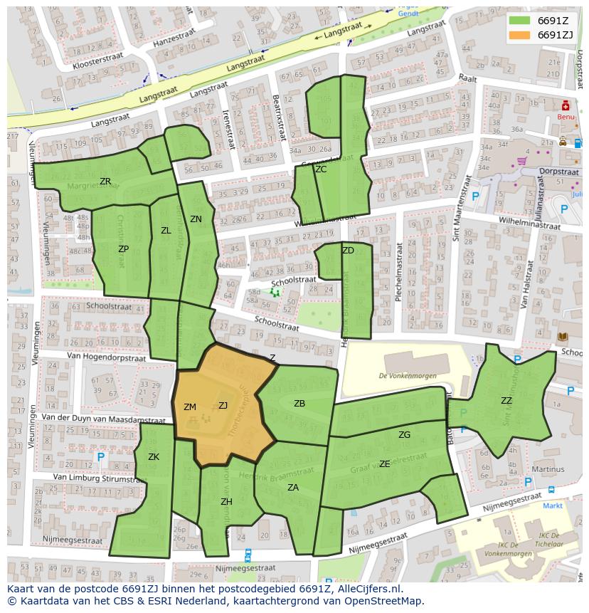 Afbeelding van het postcodegebied 6691 ZJ op de kaart.