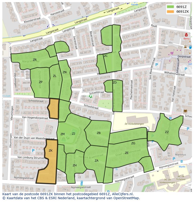 Afbeelding van het postcodegebied 6691 ZK op de kaart.