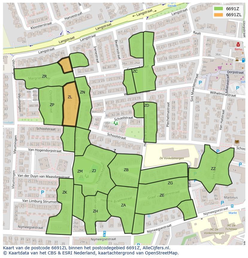 Afbeelding van het postcodegebied 6691 ZL op de kaart.