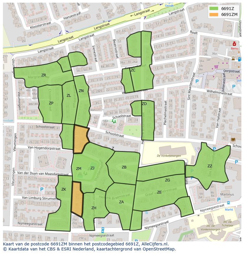 Afbeelding van het postcodegebied 6691 ZM op de kaart.