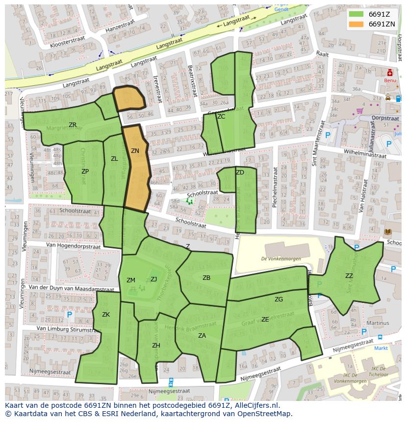 Afbeelding van het postcodegebied 6691 ZN op de kaart.