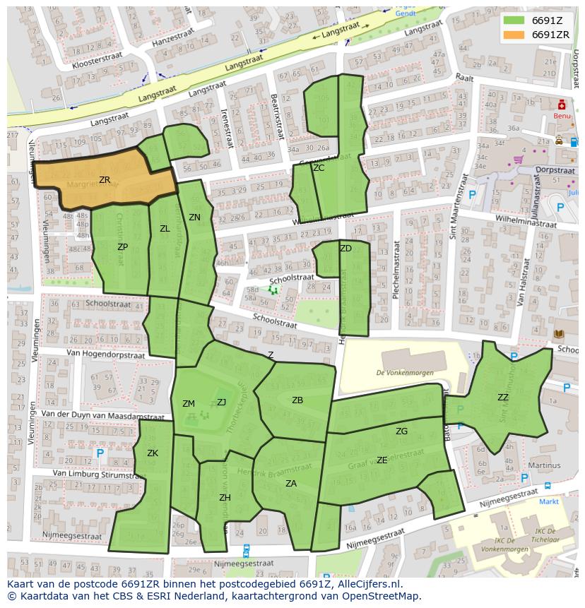 Afbeelding van het postcodegebied 6691 ZR op de kaart.