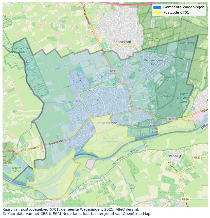 Afbeelding van het postcodegebied 6701 op de kaart.