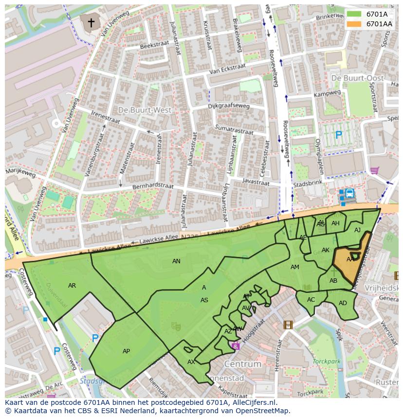 Afbeelding van het postcodegebied 6701 AA op de kaart.