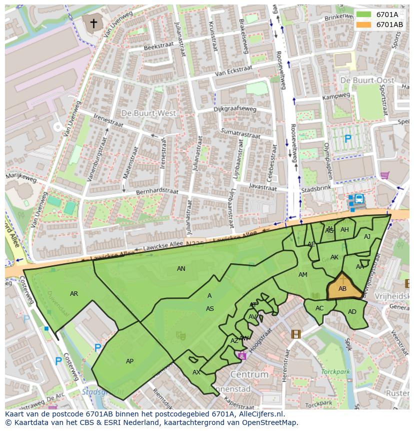 Afbeelding van het postcodegebied 6701 AB op de kaart.