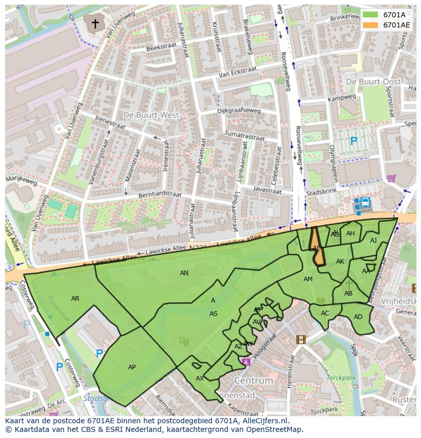 Afbeelding van het postcodegebied 6701 AE op de kaart.