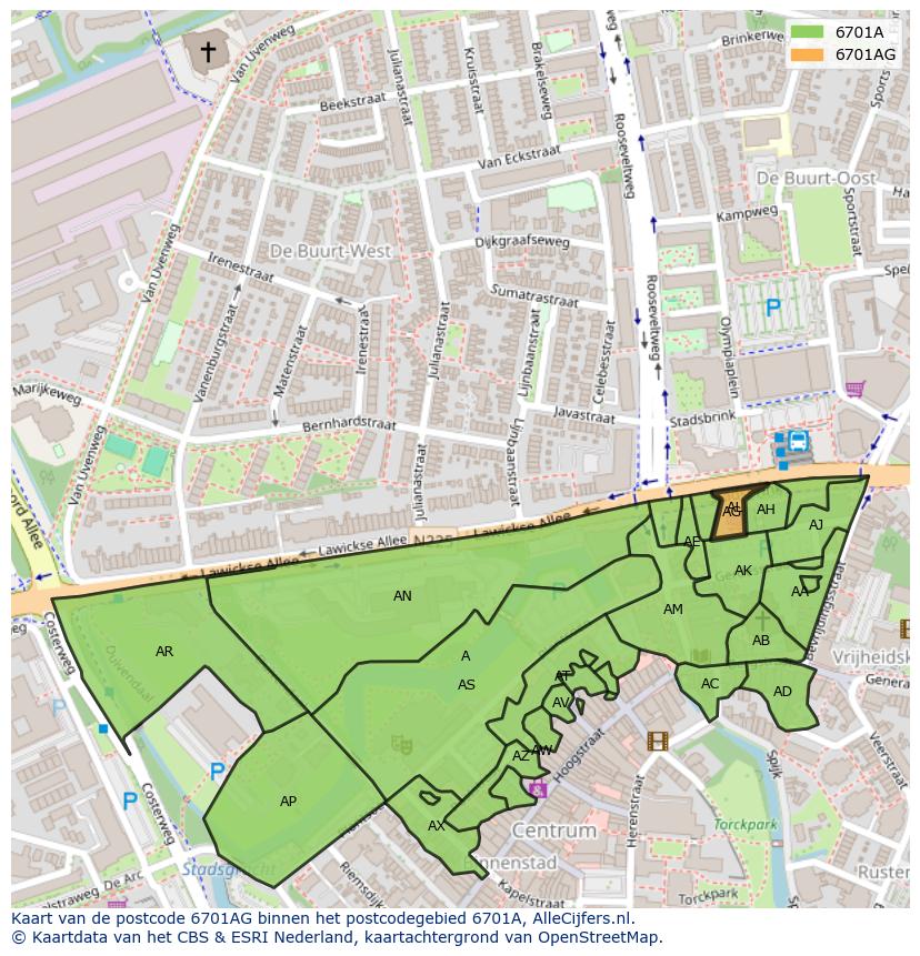 Afbeelding van het postcodegebied 6701 AG op de kaart.