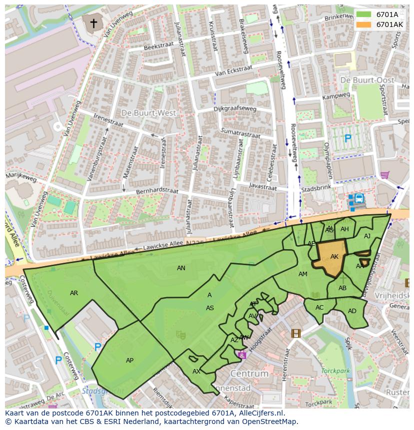 Afbeelding van het postcodegebied 6701 AK op de kaart.