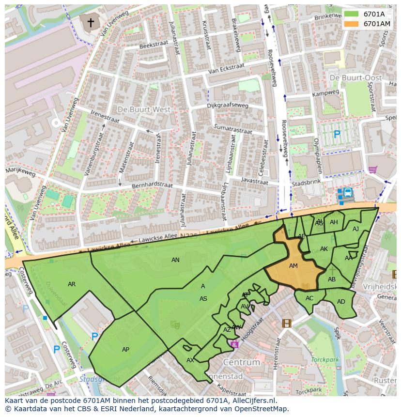 Afbeelding van het postcodegebied 6701 AM op de kaart.