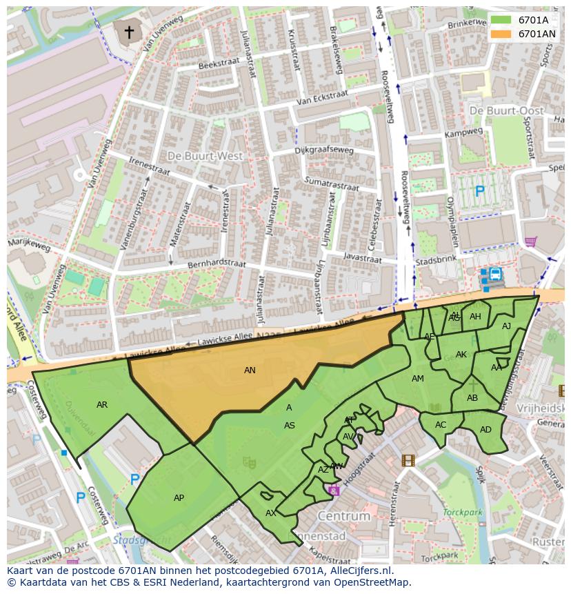 Afbeelding van het postcodegebied 6701 AN op de kaart.