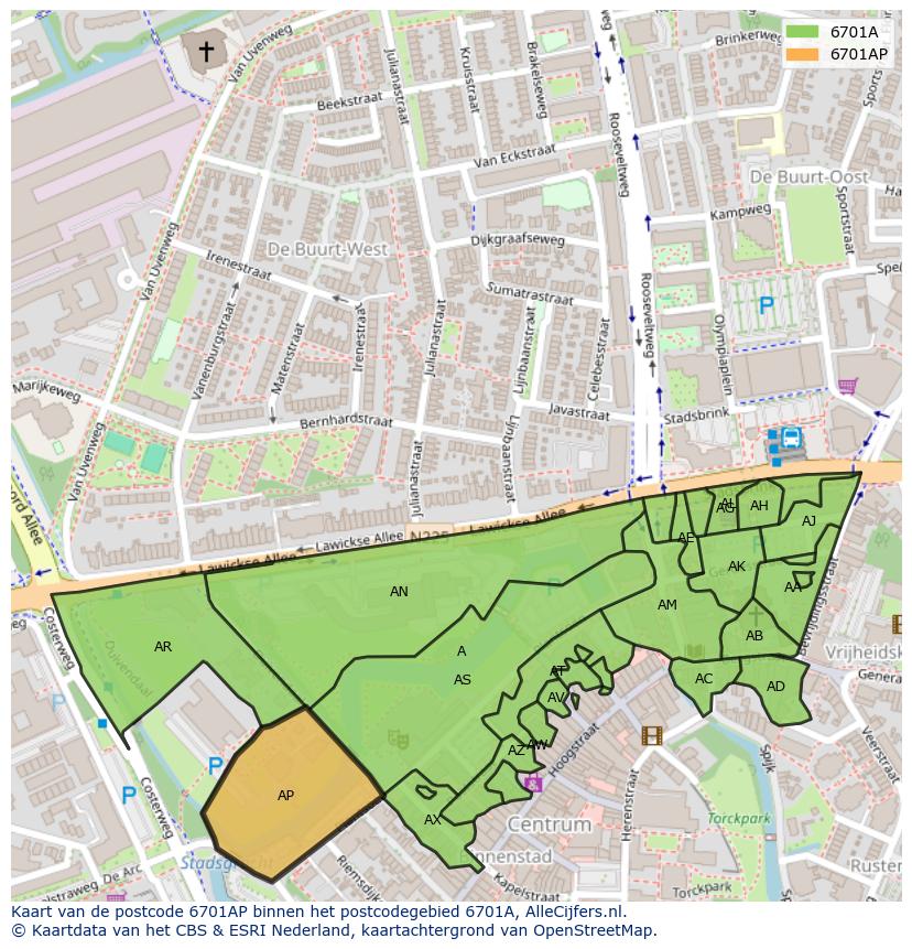 Afbeelding van het postcodegebied 6701 AP op de kaart.