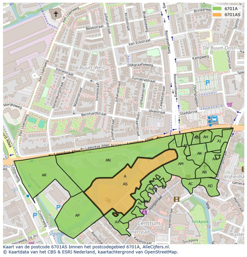 Afbeelding van het postcodegebied 6701 AS op de kaart.