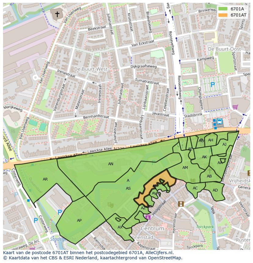 Afbeelding van het postcodegebied 6701 AT op de kaart.