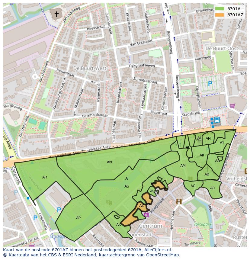 Afbeelding van het postcodegebied 6701 AZ op de kaart.
