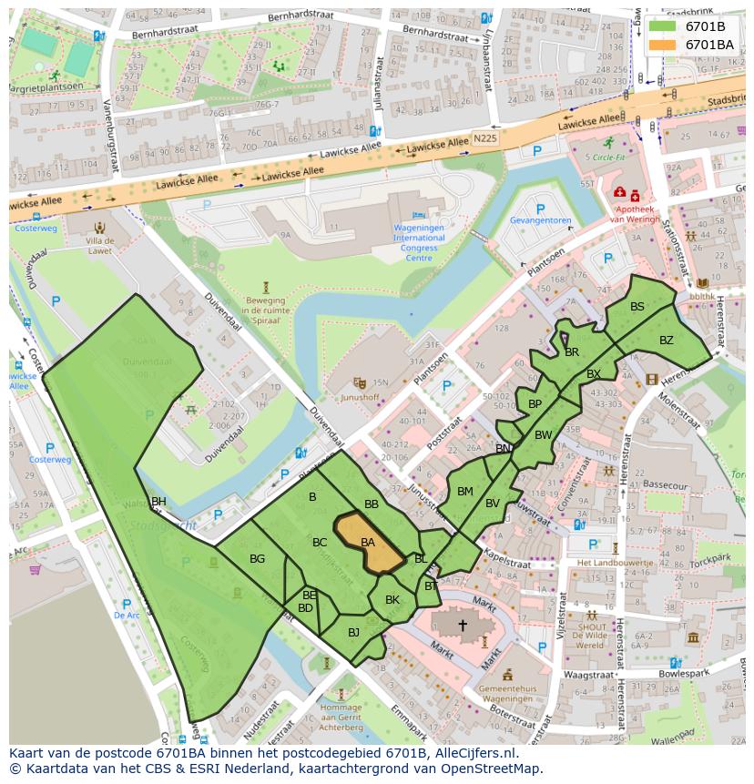 Afbeelding van het postcodegebied 6701 BA op de kaart.