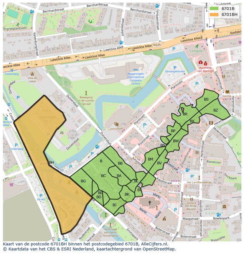 Afbeelding van het postcodegebied 6701 BH op de kaart.