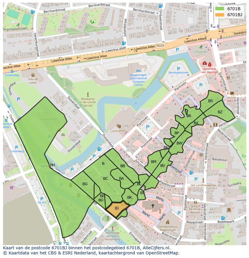 Afbeelding van het postcodegebied 6701 BJ op de kaart.