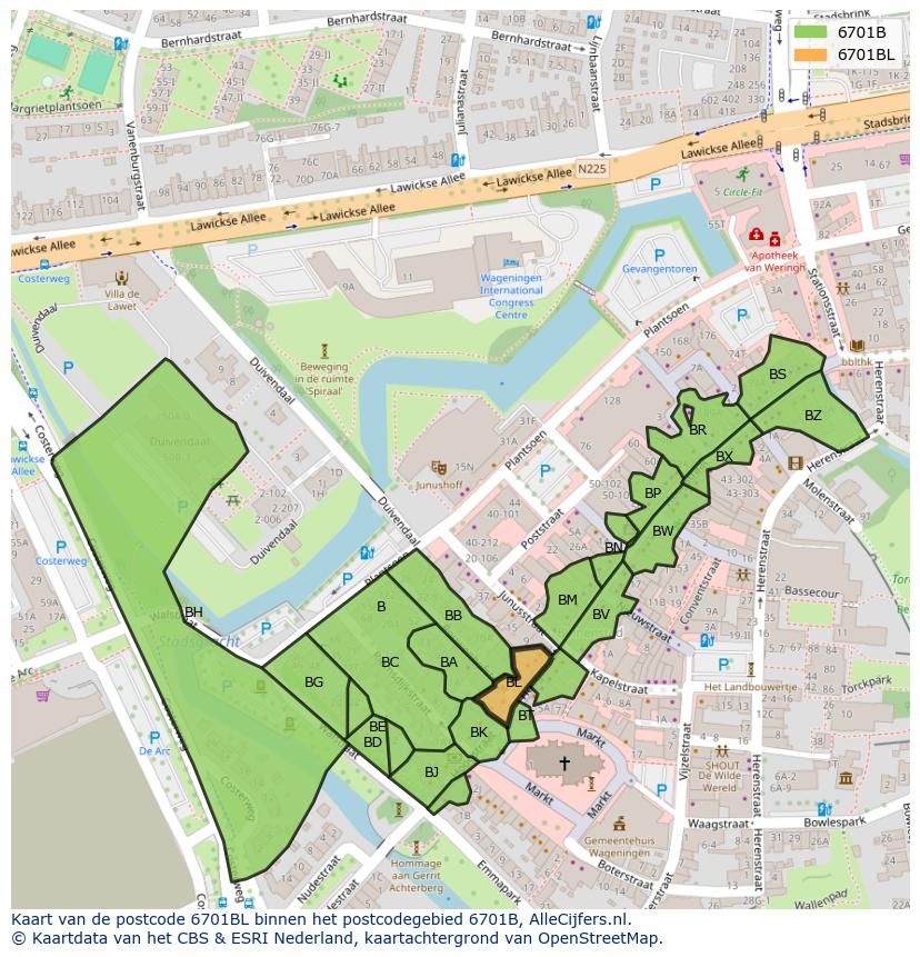 Afbeelding van het postcodegebied 6701 BL op de kaart.