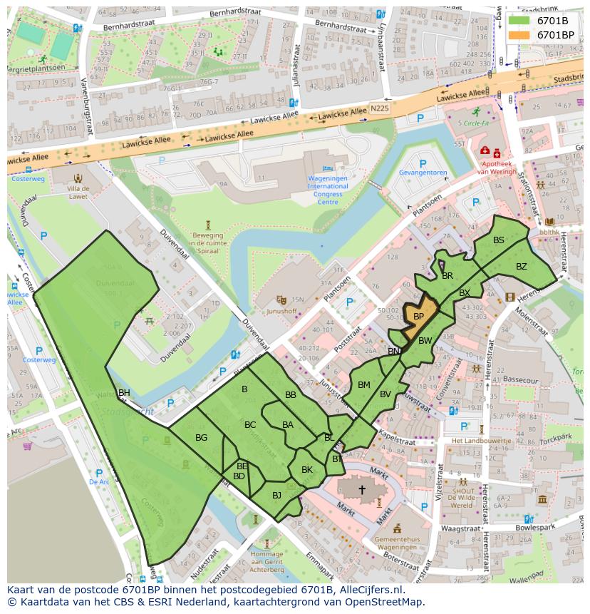 Afbeelding van het postcodegebied 6701 BP op de kaart.