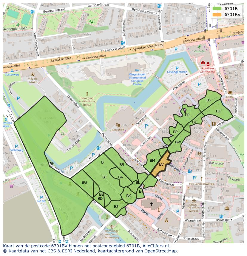 Afbeelding van het postcodegebied 6701 BV op de kaart.