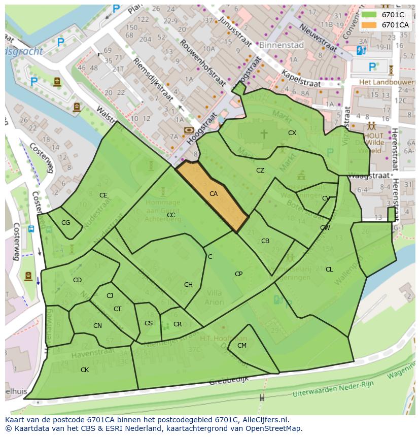 Afbeelding van het postcodegebied 6701 CA op de kaart.