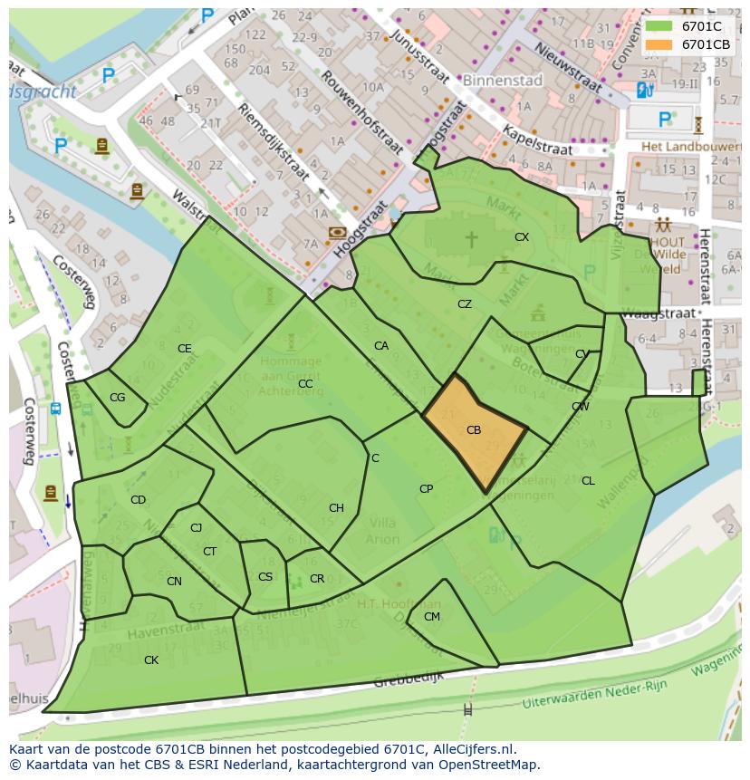 Afbeelding van het postcodegebied 6701 CB op de kaart.