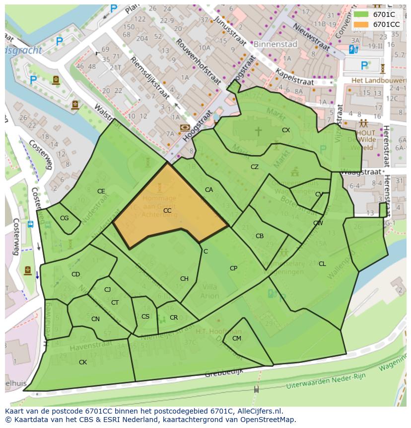 Afbeelding van het postcodegebied 6701 CC op de kaart.