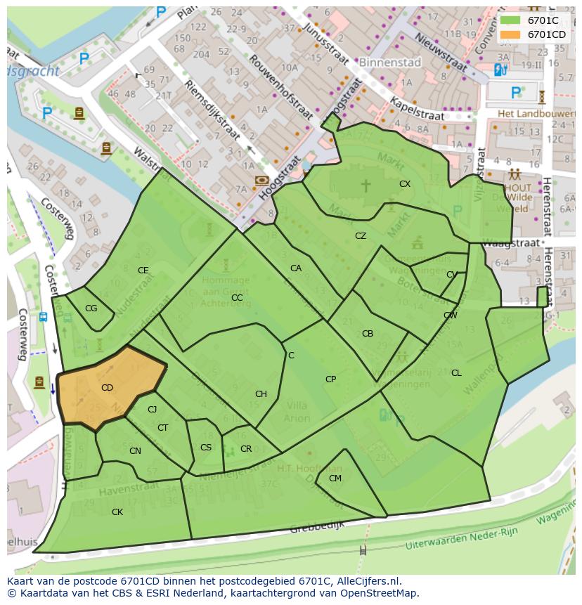 Afbeelding van het postcodegebied 6701 CD op de kaart.