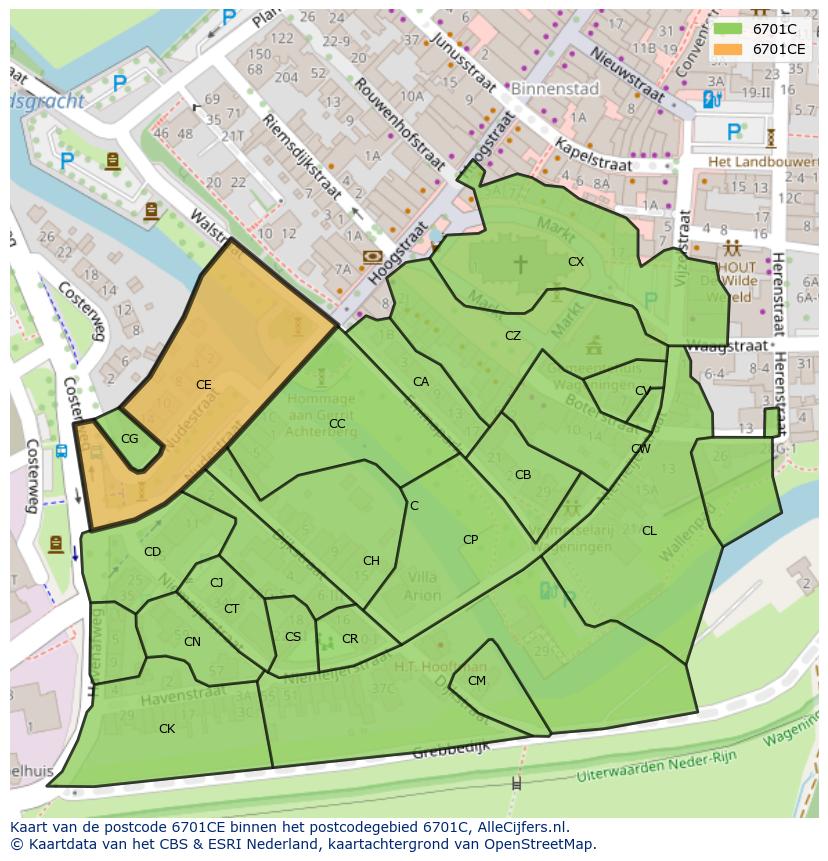 Afbeelding van het postcodegebied 6701 CE op de kaart.