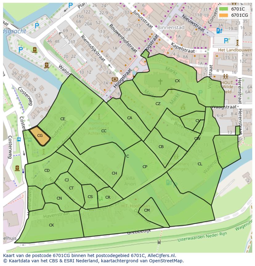 Afbeelding van het postcodegebied 6701 CG op de kaart.
