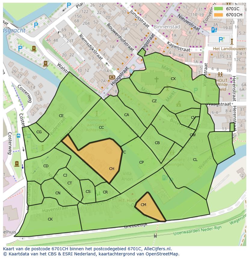 Afbeelding van het postcodegebied 6701 CH op de kaart.