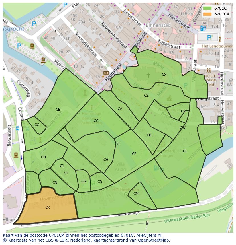 Afbeelding van het postcodegebied 6701 CK op de kaart.