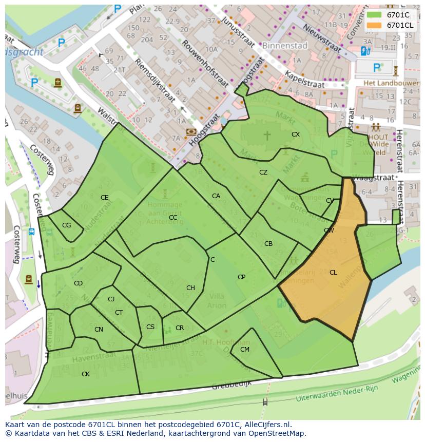 Afbeelding van het postcodegebied 6701 CL op de kaart.