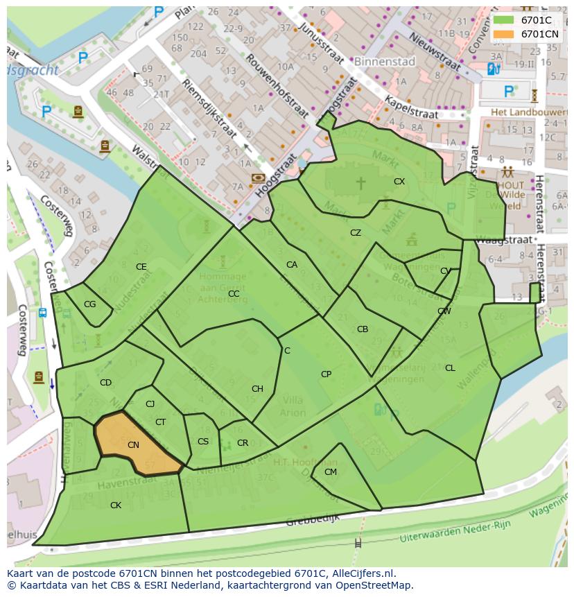 Afbeelding van het postcodegebied 6701 CN op de kaart.