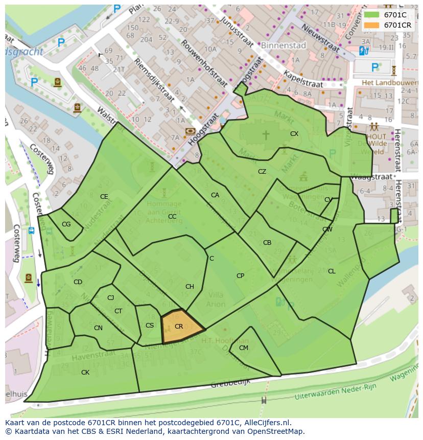 Afbeelding van het postcodegebied 6701 CR op de kaart.