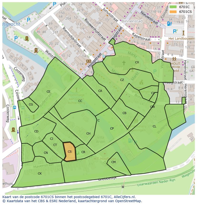 Afbeelding van het postcodegebied 6701 CS op de kaart.