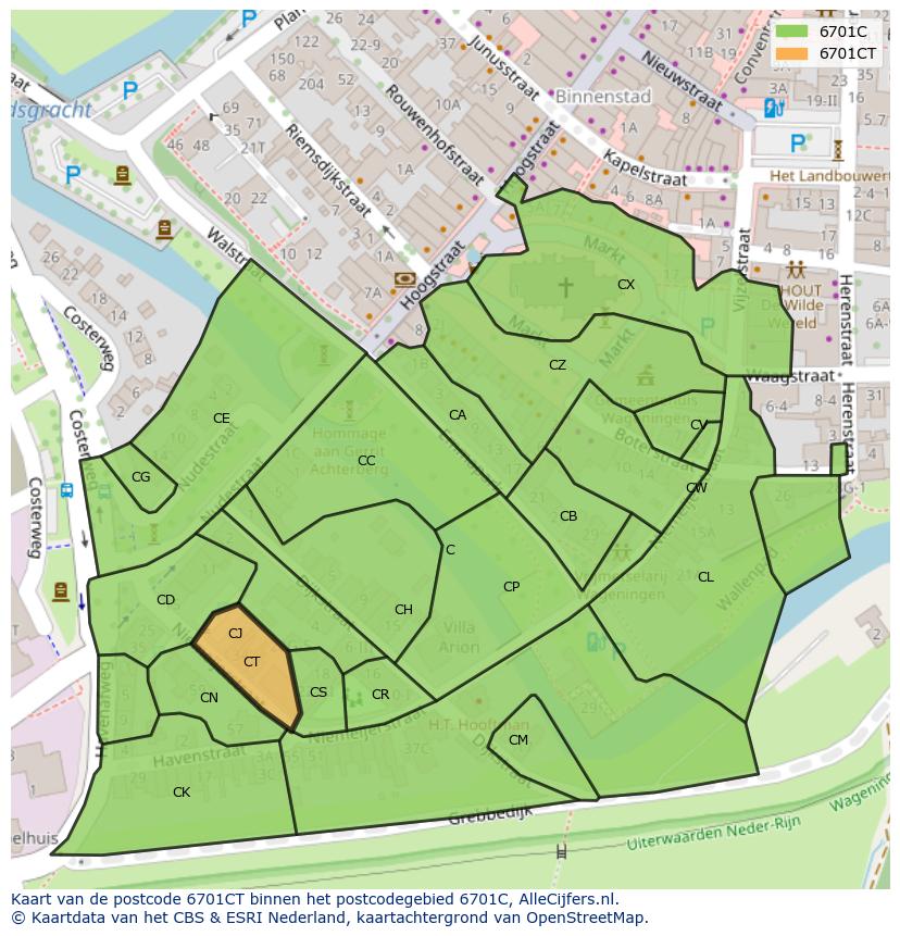 Afbeelding van het postcodegebied 6701 CT op de kaart.