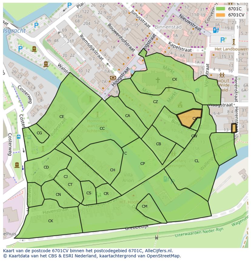 Afbeelding van het postcodegebied 6701 CV op de kaart.