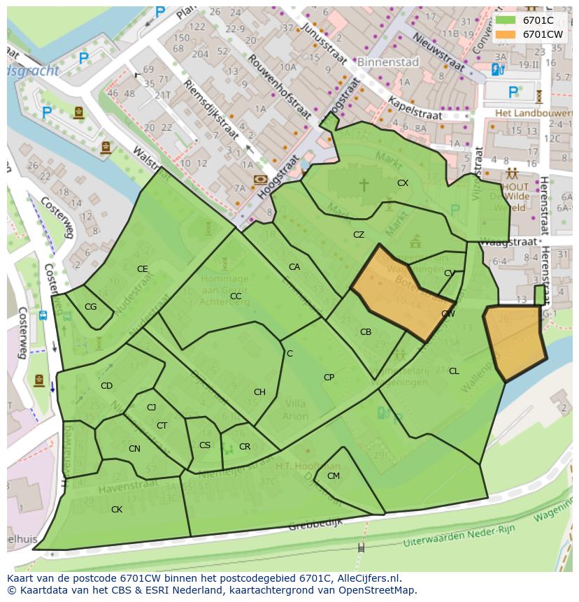 Afbeelding van het postcodegebied 6701 CW op de kaart.